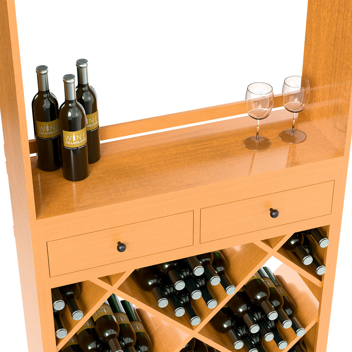 Wine tasting station cabinet with drawers, dark wood, wine bottles and glasses on top over bottle cubbies