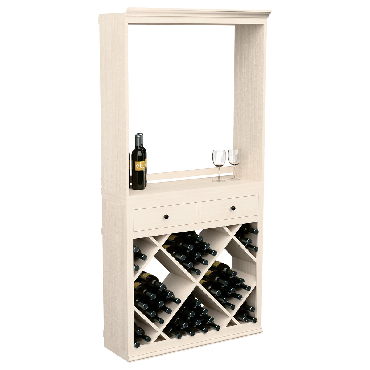 Light wood wine tasting cabinet with open shelf, 2 drawers, and diamond-pattern bottle racks