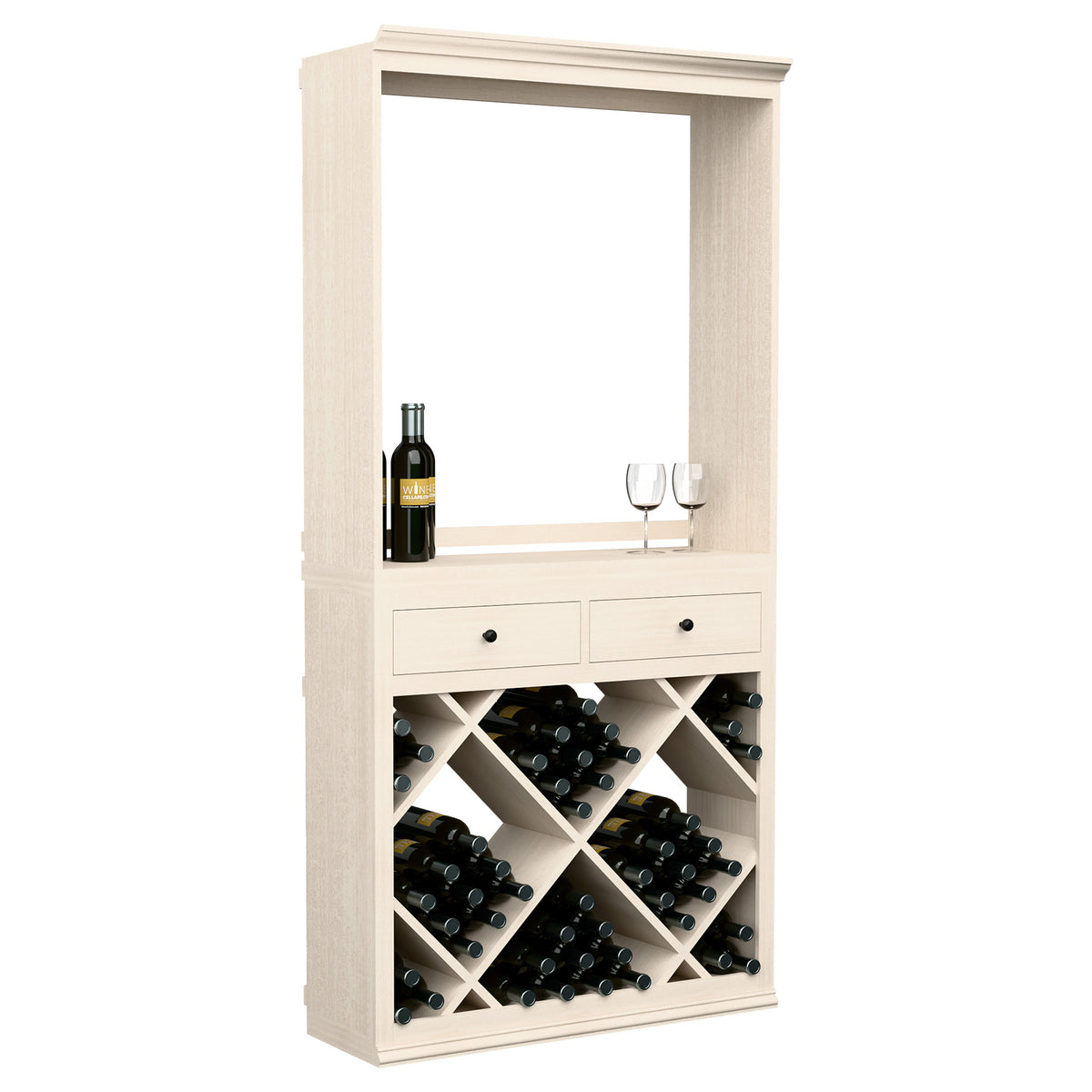 Light wood wine tasting cabinet with open shelf, 2 drawers, and diamond-pattern bottle racks