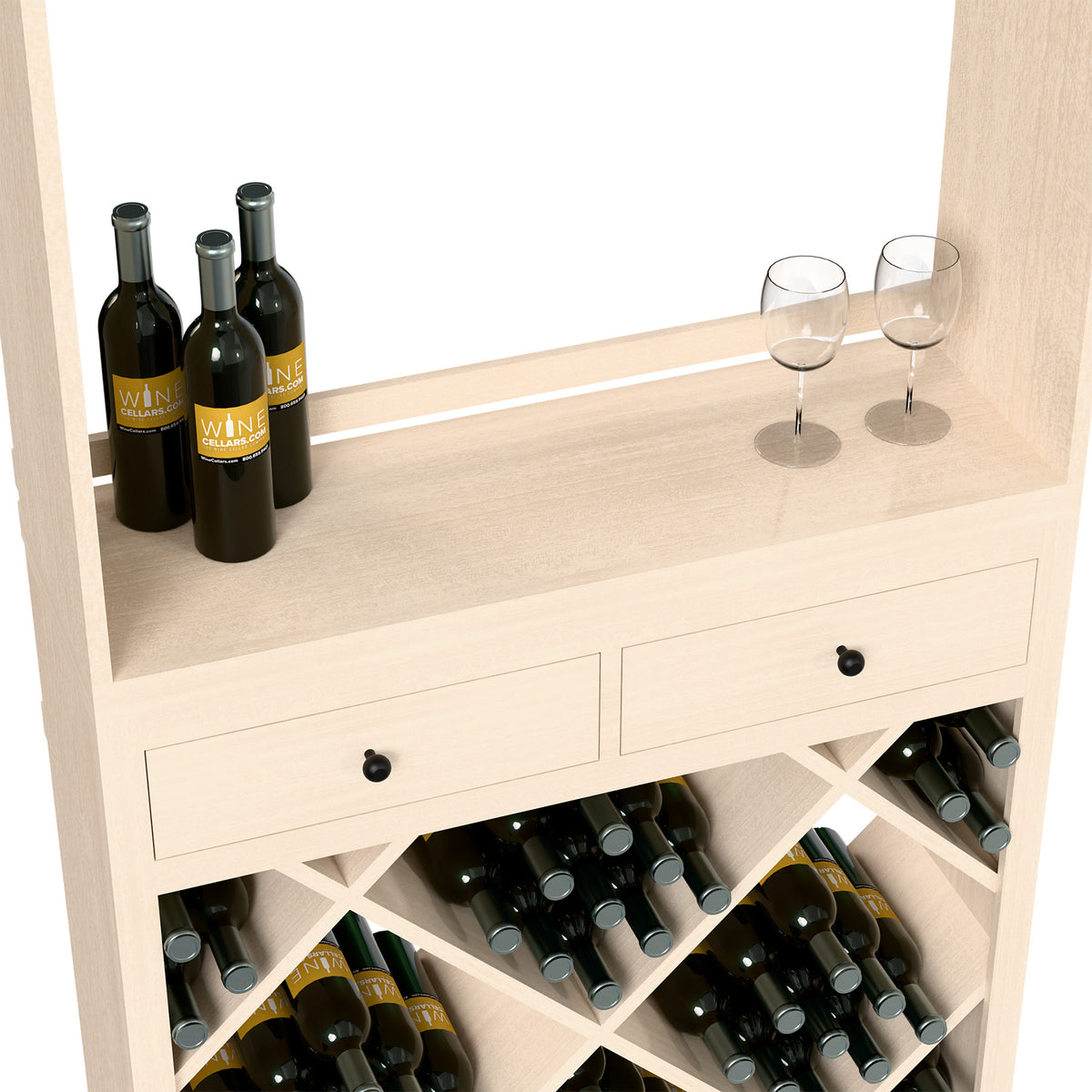 Front view of light wood wine tasting cabinet with 2 drawers and diamond wine racks