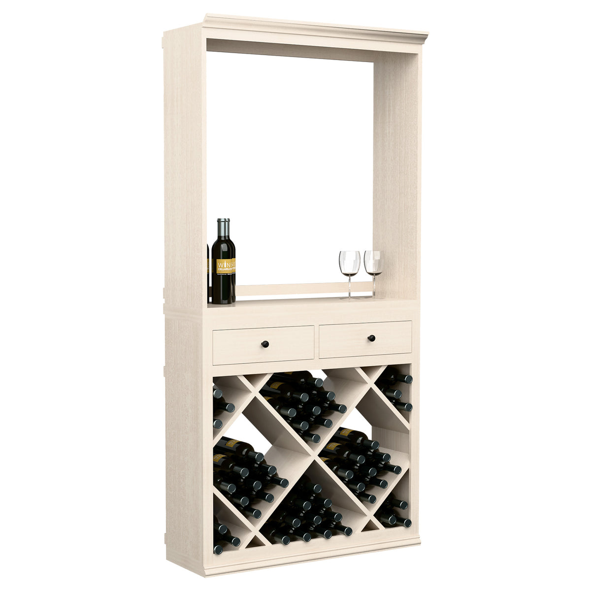 Light wood wine tasting cabinet with open shelf, 2 drawers, and diamond wine racks