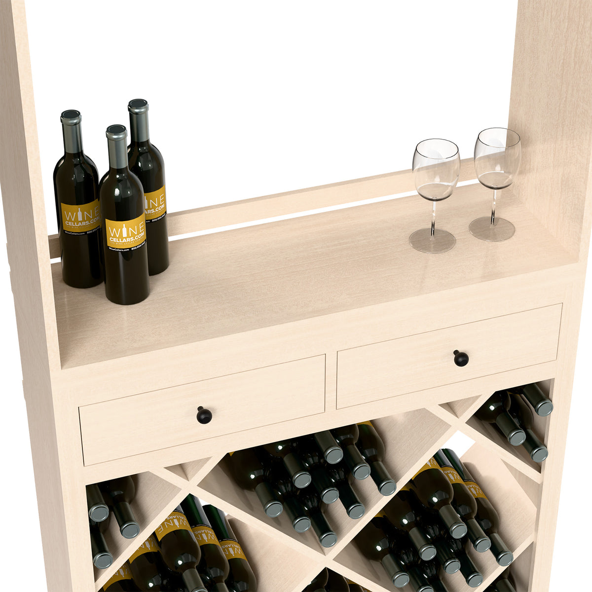 Front view of light wood wine tasting cabinet with 2 drawers and diamond bottle racks