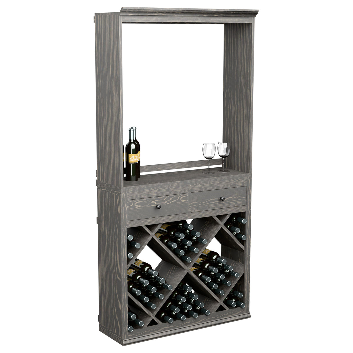 Solid wine tasting station cabinet with two drawers and diamond bottle storage, dark gray