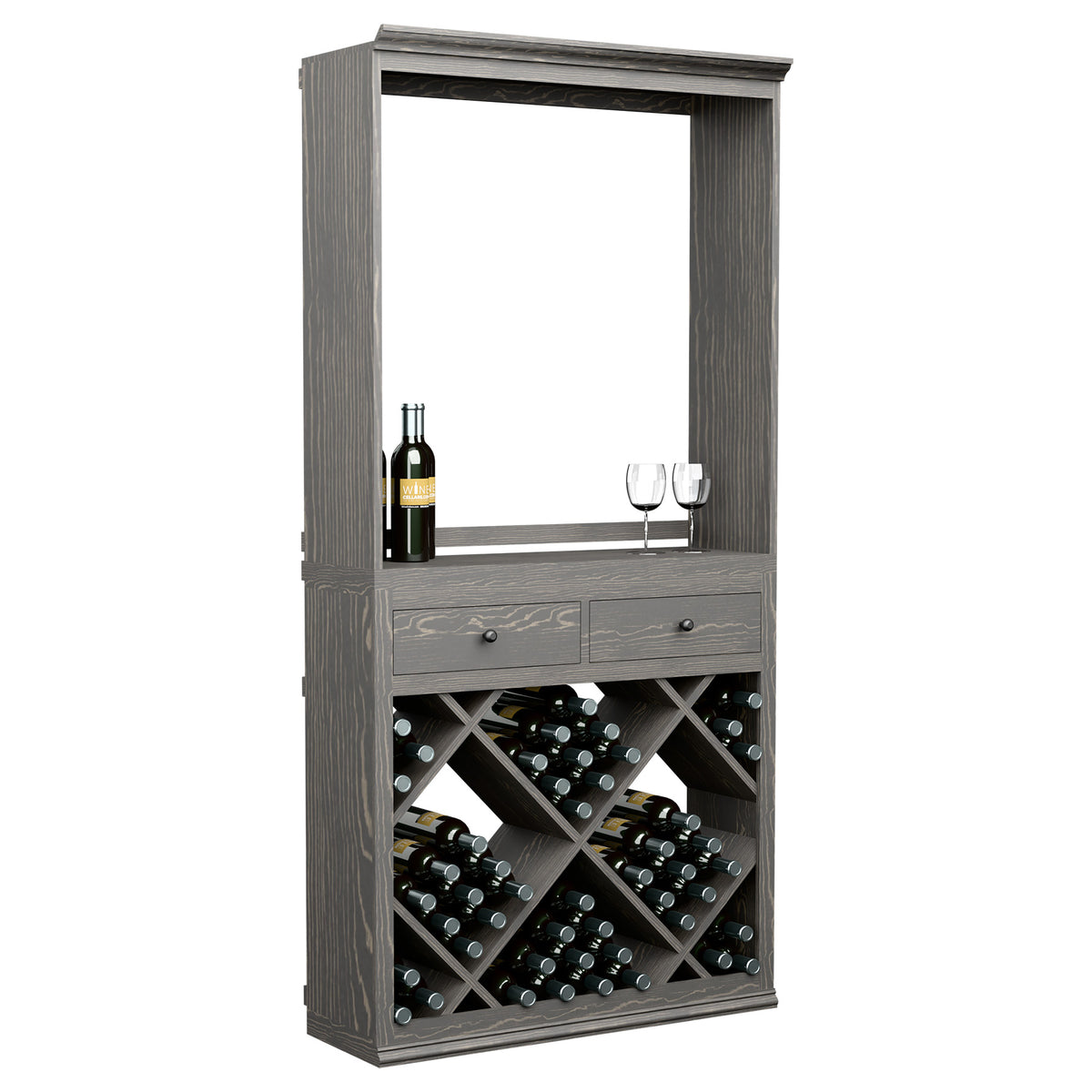 Wine tasting station cabinet with two drawers and diamond bottle storage, dark gray finish