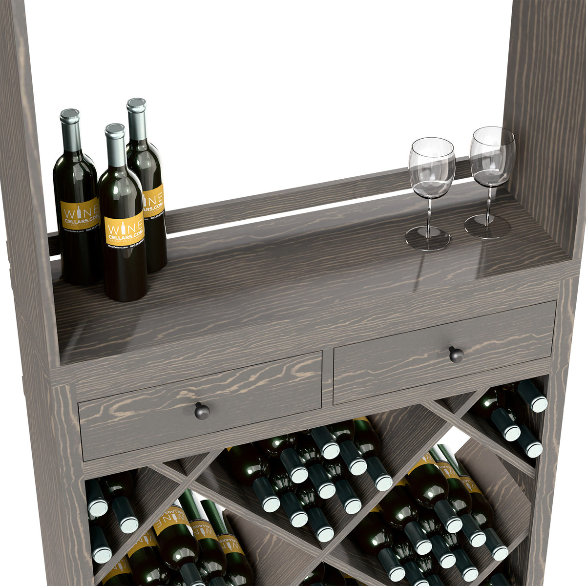 Dark gray wine tasting station counter with two drawers and diamond bottle racks underneath