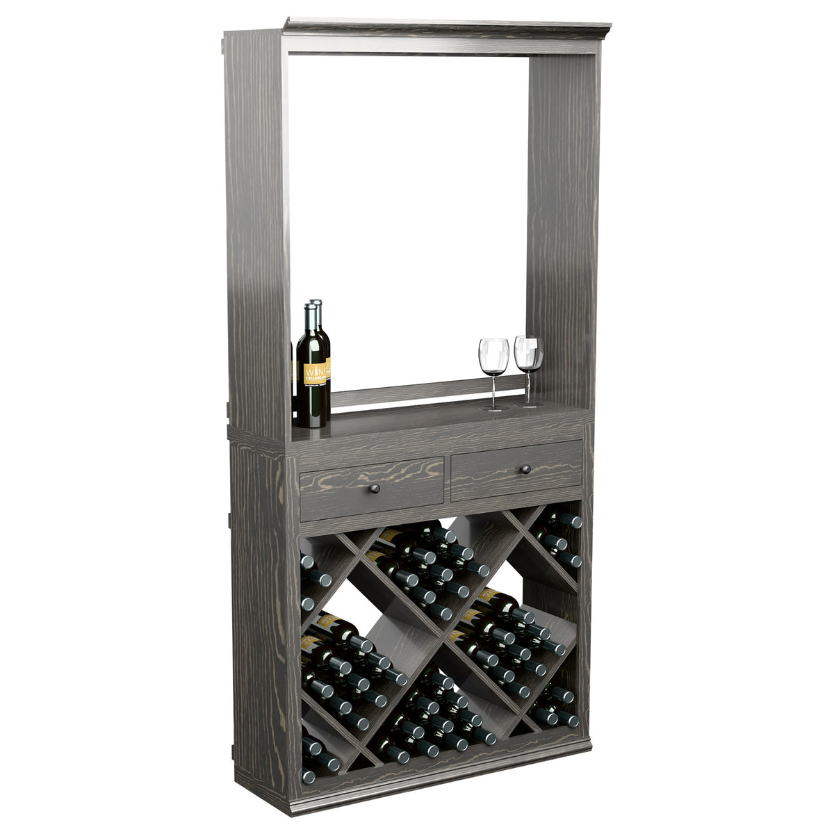 Wine tasting station cabinet with two drawers and diamond bottle storage, dark gray front