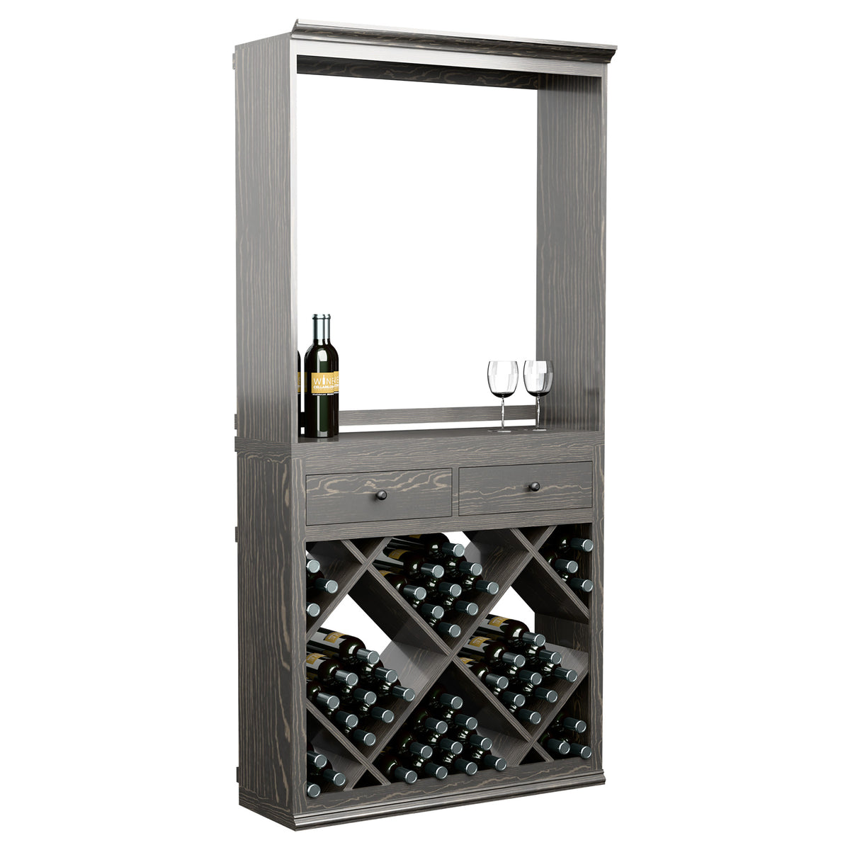 Wine tasting station cabinet with two drawers and diamond bottle storage, dark gray with bottles