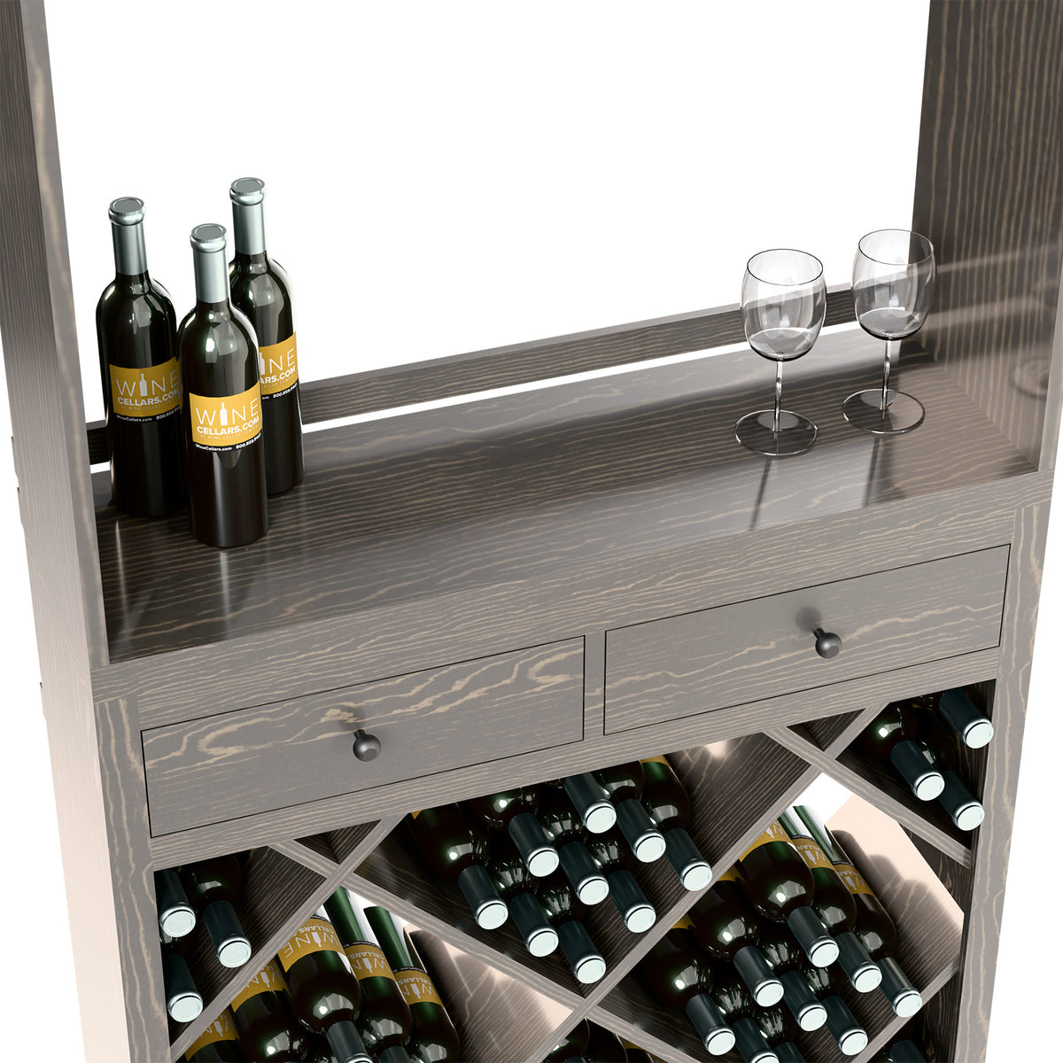 Dark gray wine tasting station counter with drawers and diamond bottle racks, bottles and glasses