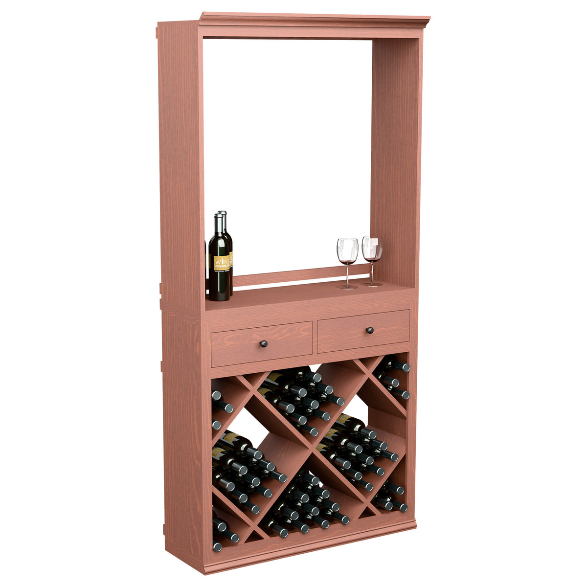 Wine tasting station cabinet with two drawers and diamond bottle storage, reddish wood finish