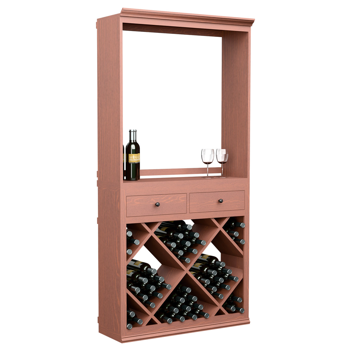 Reddish wood wine tasting station cabinet with two drawers and diamond bottle storage