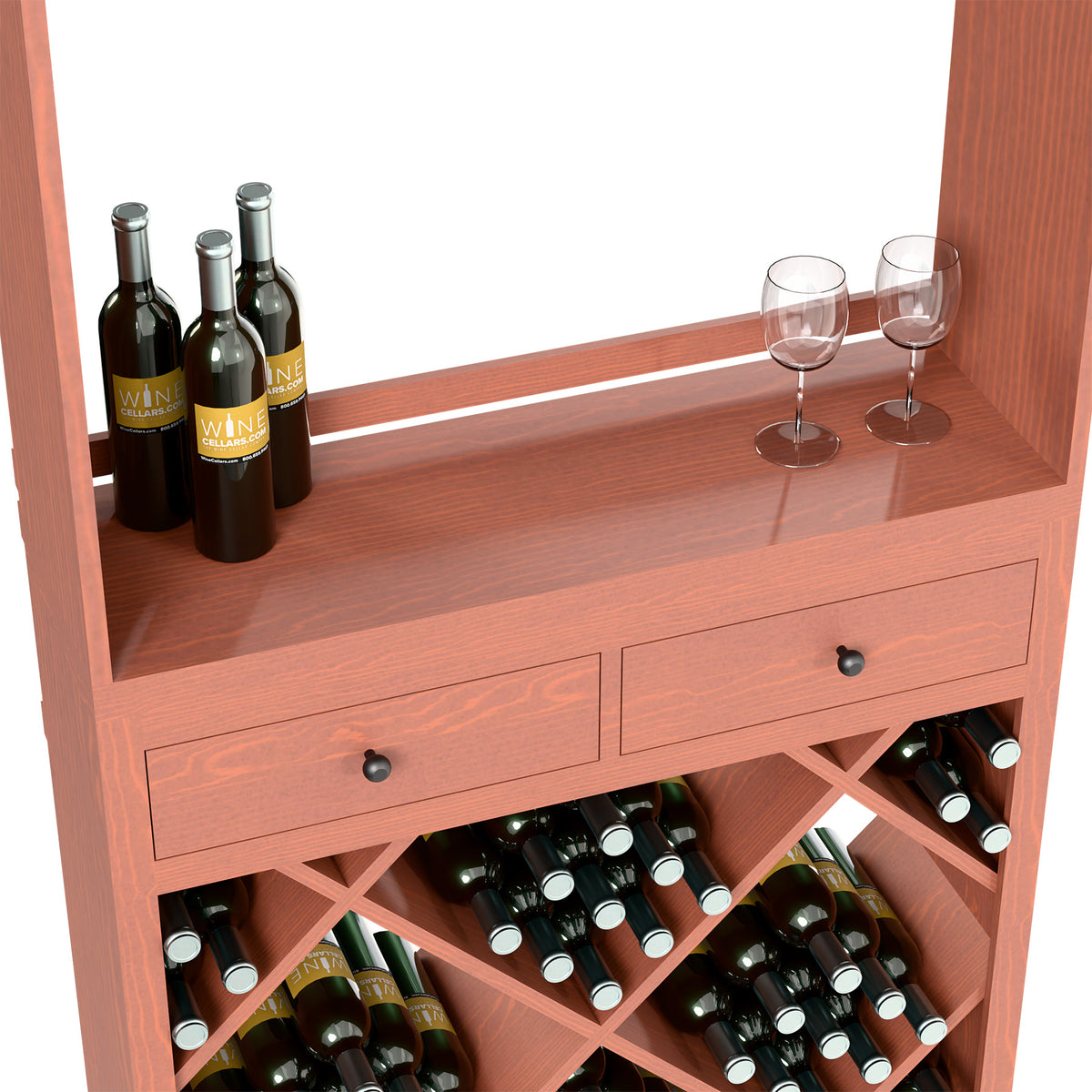 Reddish wood wine tasting station counter with two drawers and diamond bottle racks, bottles