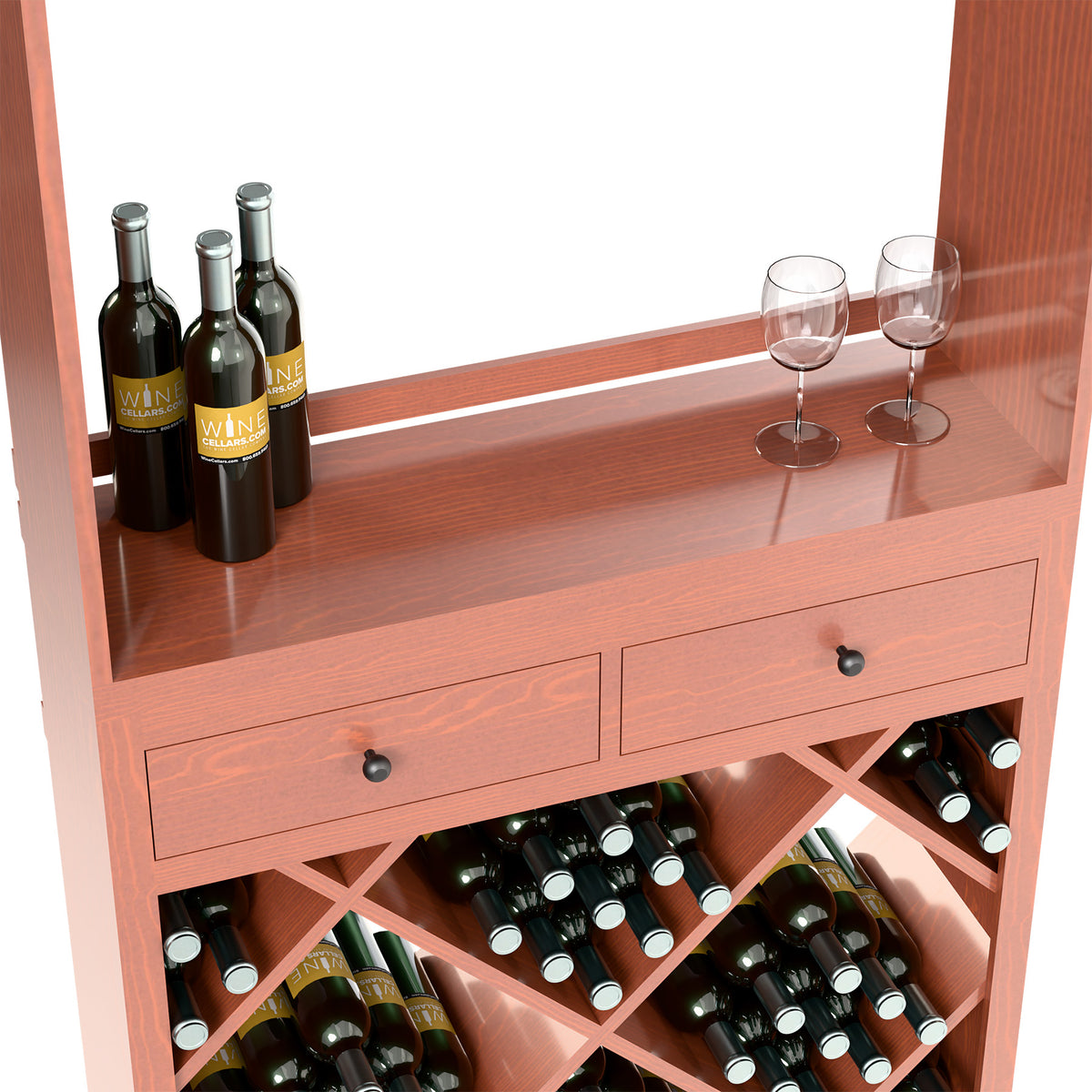 Wine tasting station side view with two drawers, glassware, and diamond-pattern bottle bins
