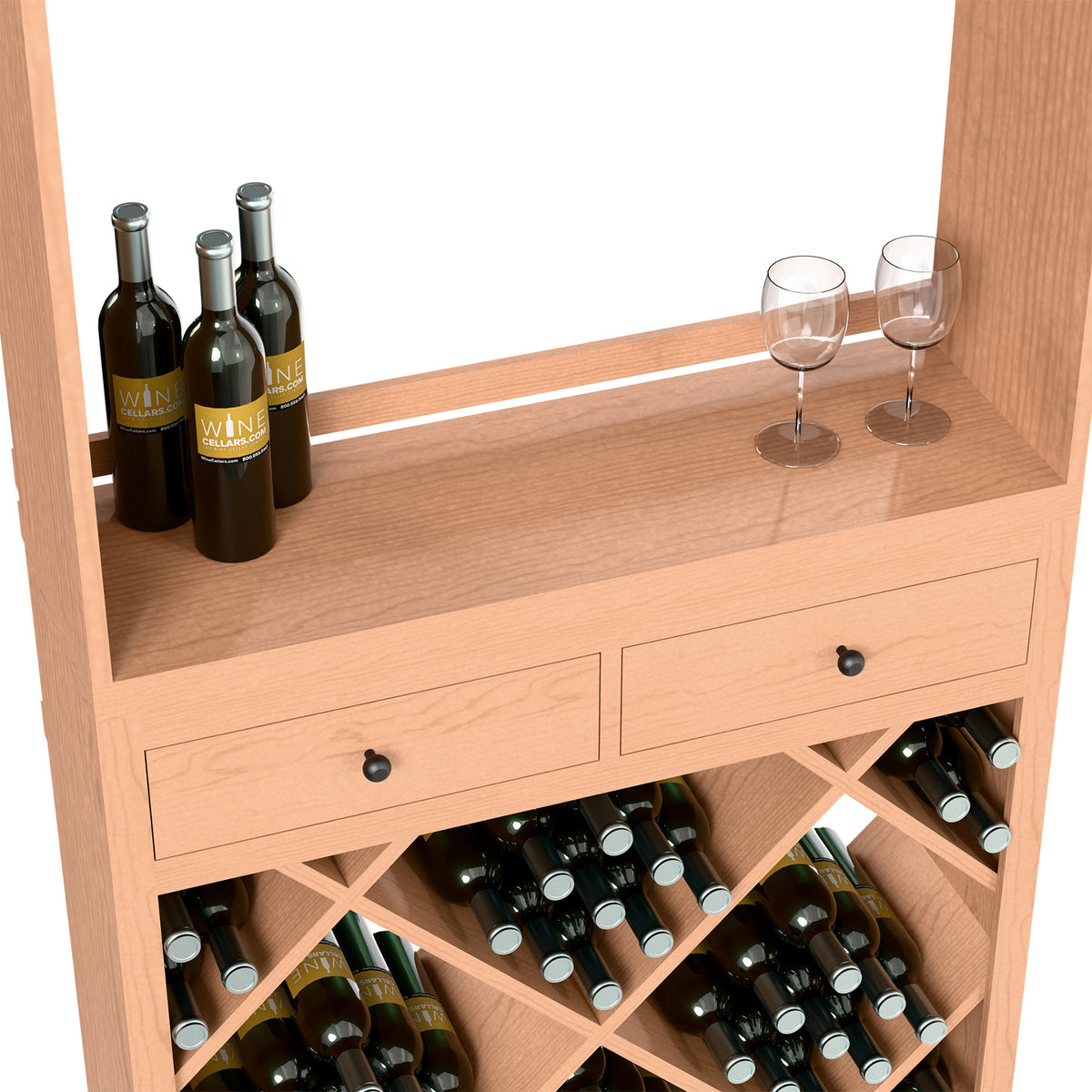 Wine tasting station countertop with bottles and glasses; drawers above diamond bottle storage
