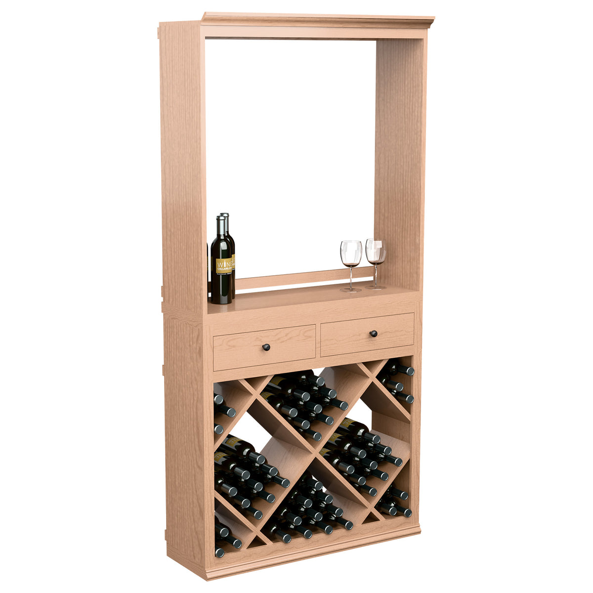 Light wood wine tasting station with open frame, two drawers, and diamond wine bottle bins