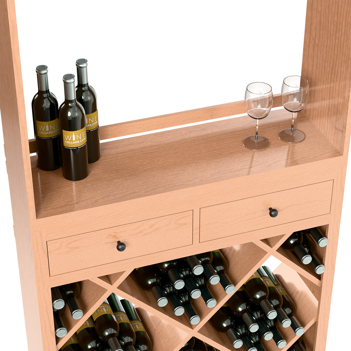 Side view of wine tasting station with bottles, glasses, drawers, and diamond bottle compartments