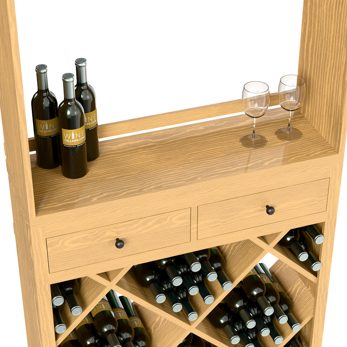 Wood wine tasting station with countertop, drawers, and diagonal bottle storage racks