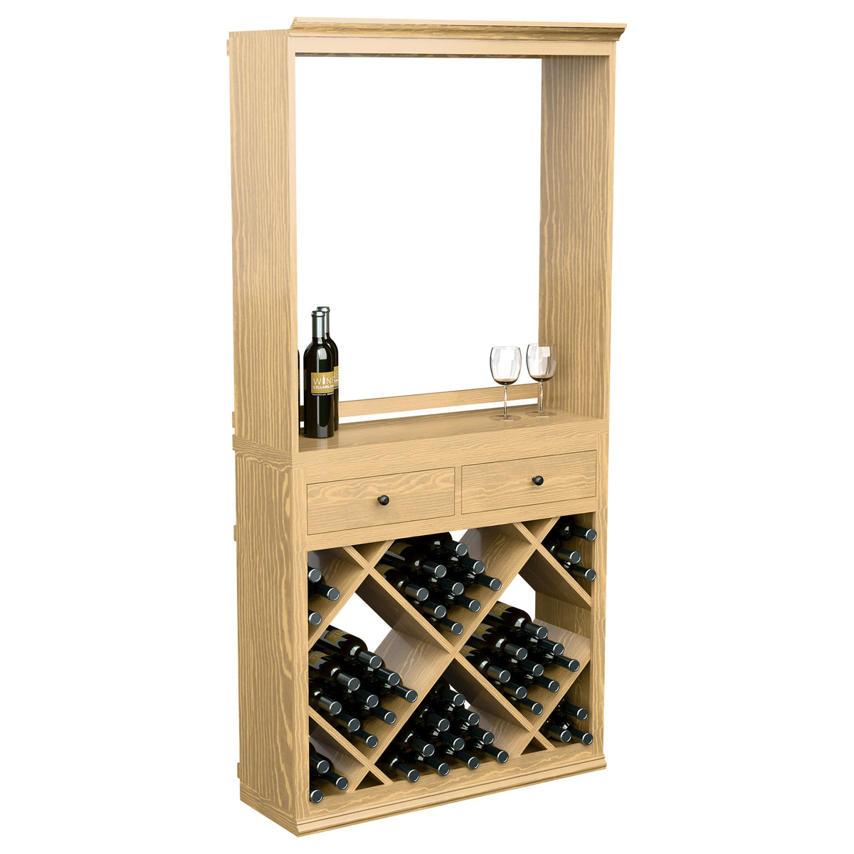 Wood wine cabinet with open frame, drawers, and crisscross bottle storage