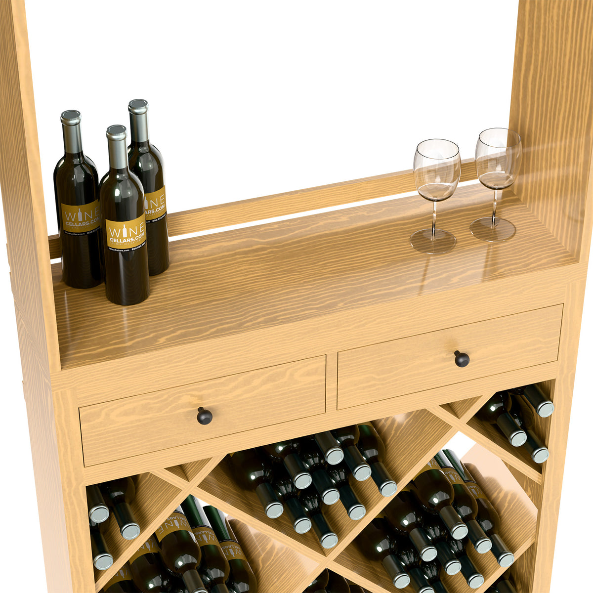 Wood wine tasting station with countertop, two drawers, and angled bottle storage