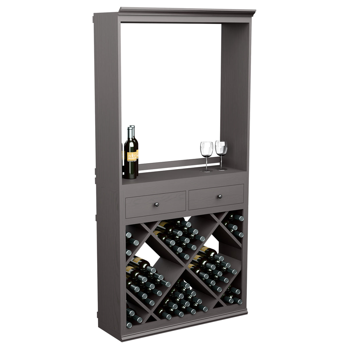 Grey wine tasting cabinet with open frame, drawers, and crisscross bottle storage racks