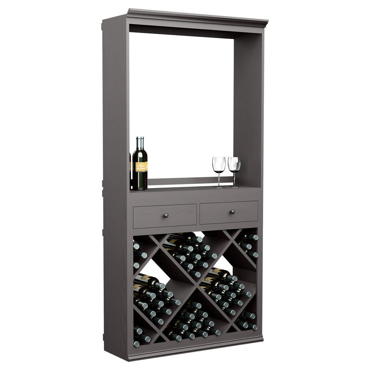 Grey wine cabinet with display opening, drawers, and diagonal bottle storage compartments
