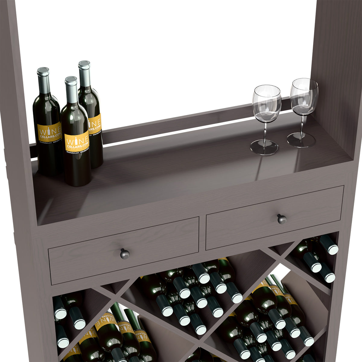 Grey wine tasting station with countertop, drawers, and crisscross bottle storage racks