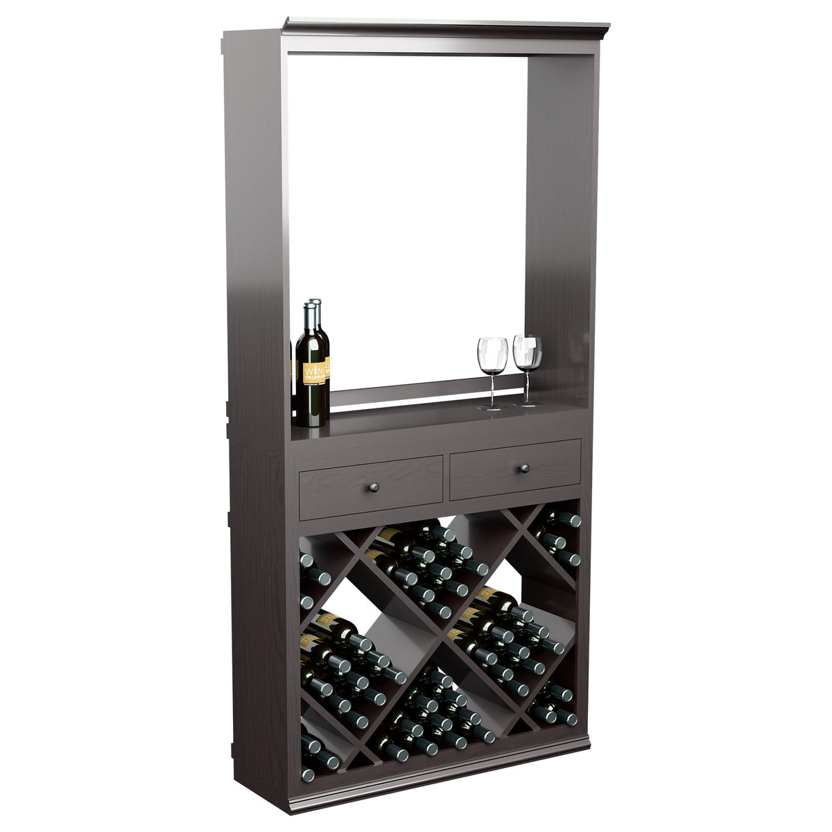 Grey wine cabinet with open frame, two drawers, and crisscross bottle storage