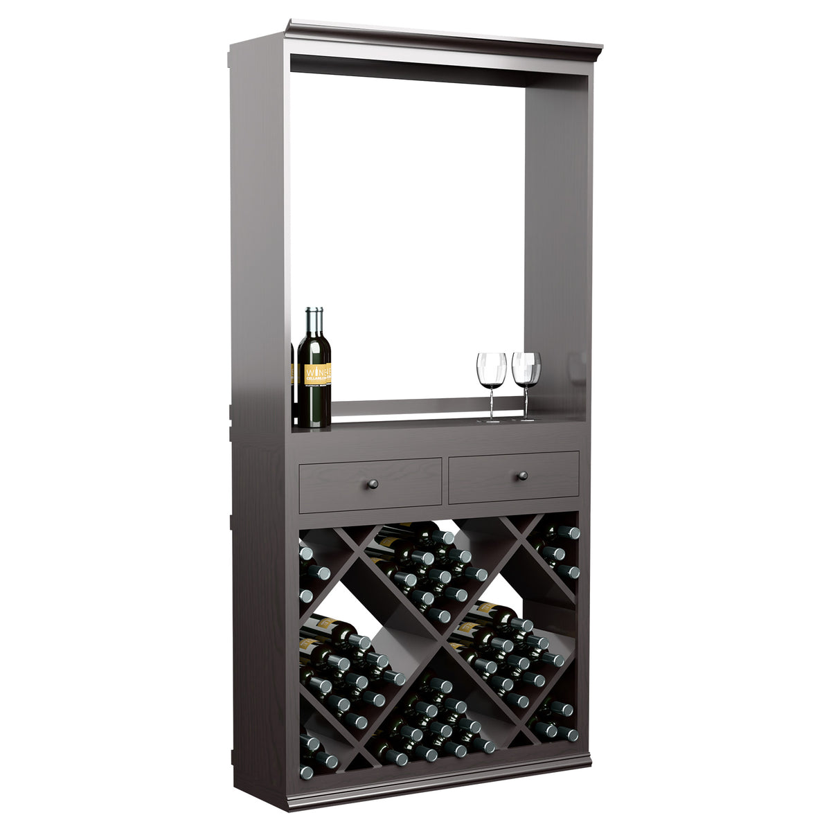 Grey wine cabinet with open display window, drawers, and diagonal bottle storage racks