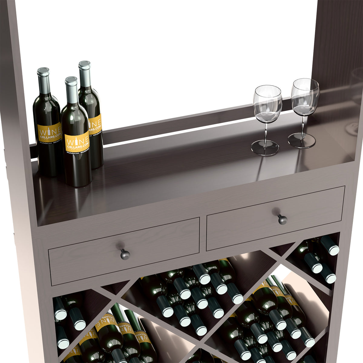 Grey wine tasting station with countertop glasses, drawers, and crisscross bottle storage