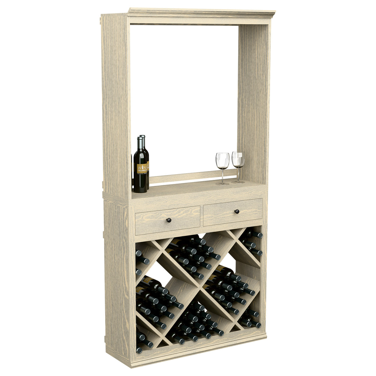 Light wood wine tasting station with two drawers, bottle rack, and open serving window