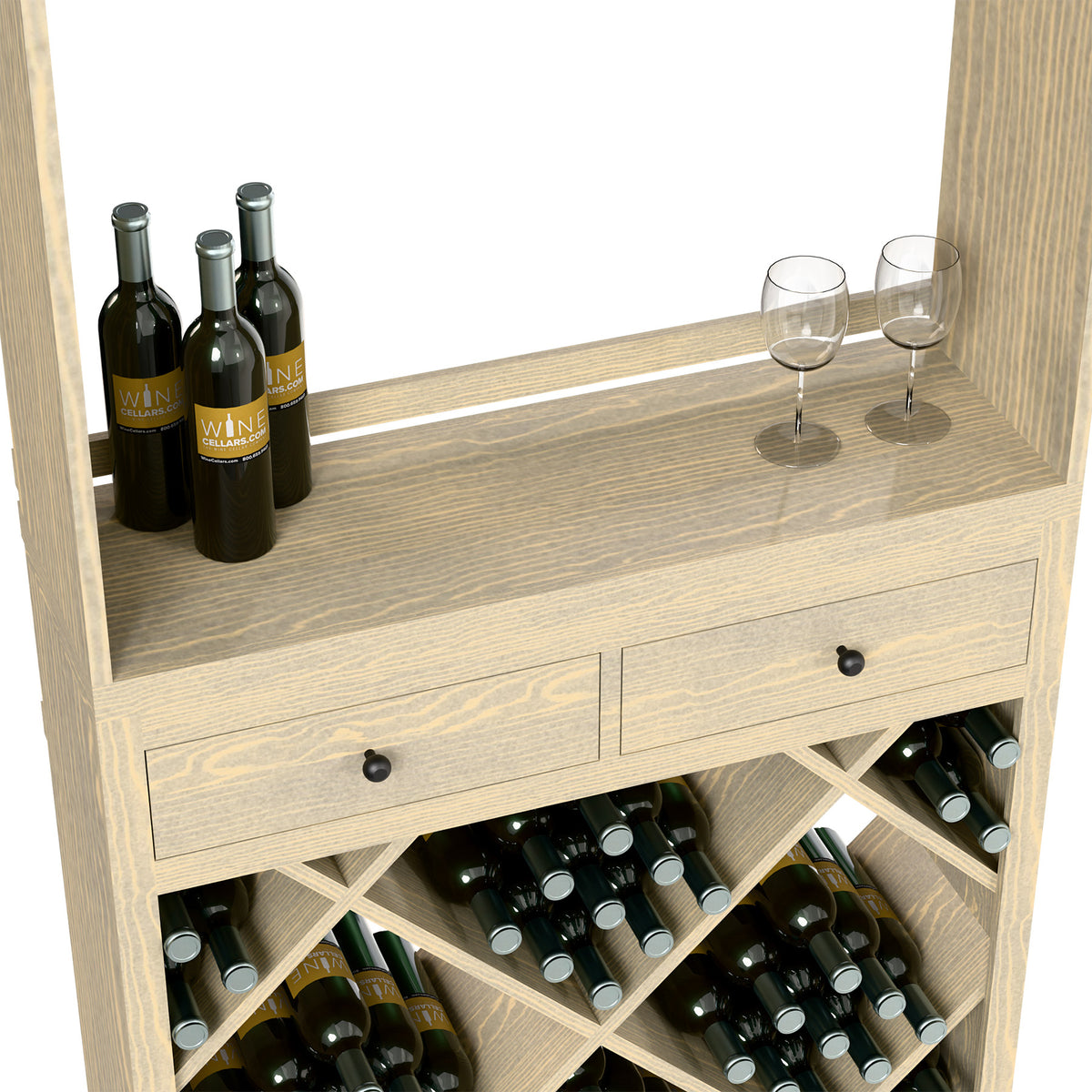 Wine tasting station top with bottles, stemware, and two drawer fronts above bottle cubbies