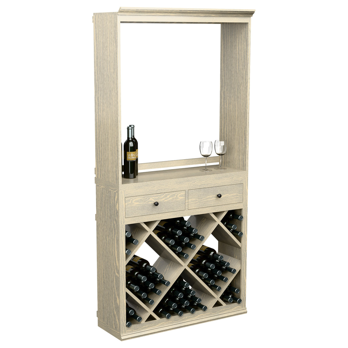 Light wood wine tasting station with two drawers, crisscross bottle rack, and open window