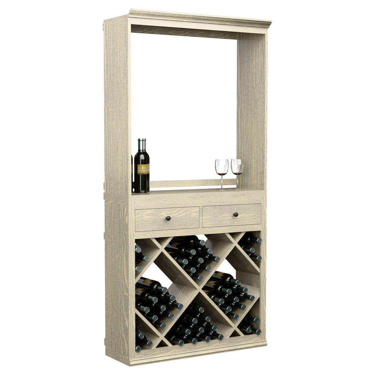 Light wood wine tasting station with serving window, two drawers, and stacked bottle storage