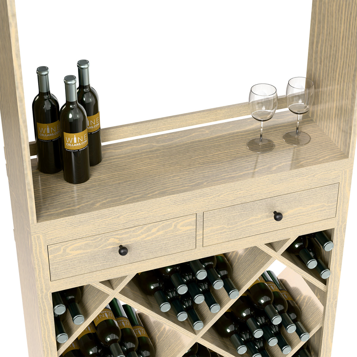 Wine tasting station with top bottles and two drawers over a diagonal bottle cubby rack