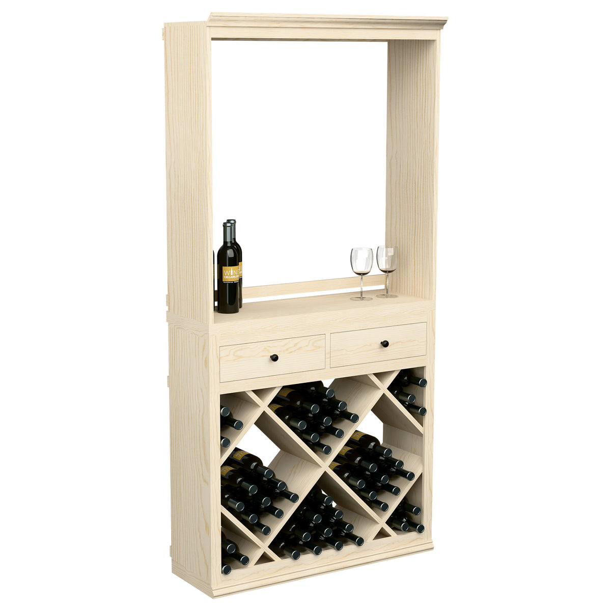 Light wood wine tasting station with open serving window, two drawers, and bottle rack