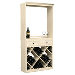 Light wood wine tasting station with drawers, open window, and multiple bottle storage cubbies