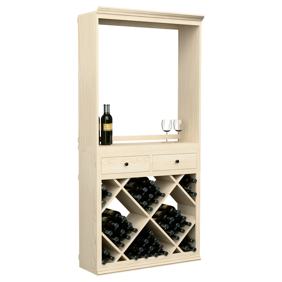 Light wood wine tasting station with drawers, open window, and multiple bottle storage cubbies