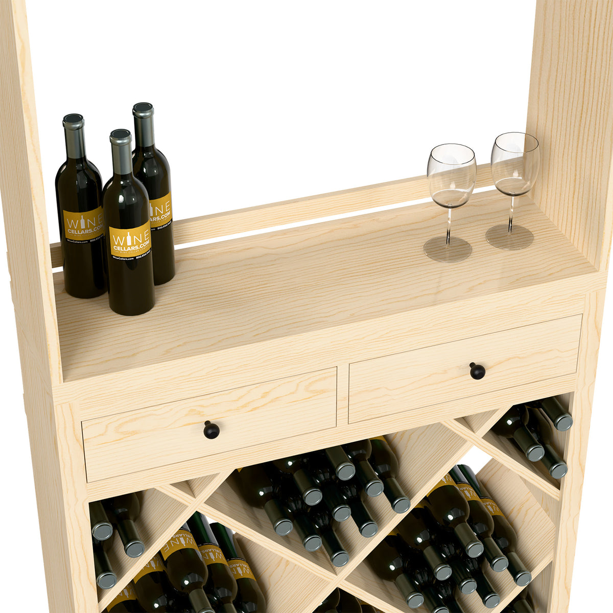 Wine tasting station top with bottles and stemware over two drawers and bottle cubby racks