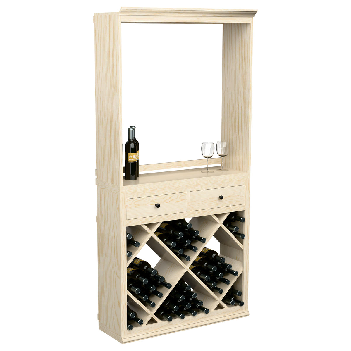 Light wood wine tasting station with open serving window, two drawers, and crisscross bottle rack