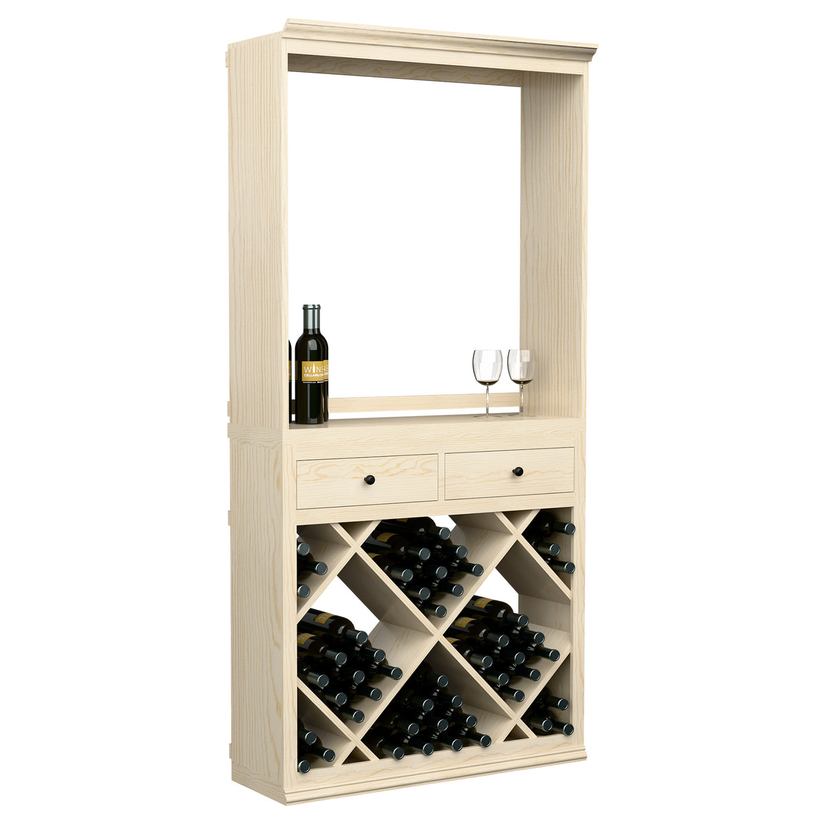 Light wood wine tasting station cabinet with open display niche, drawers, and diamond bin storage