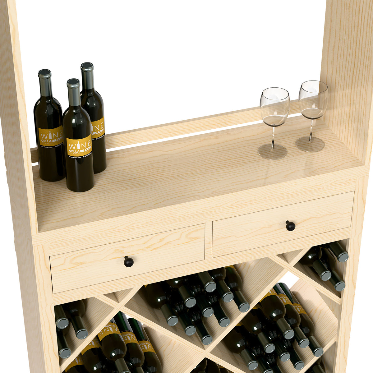 Light wood wine tasting station with two drawers and diamond-pattern wine bottle storage