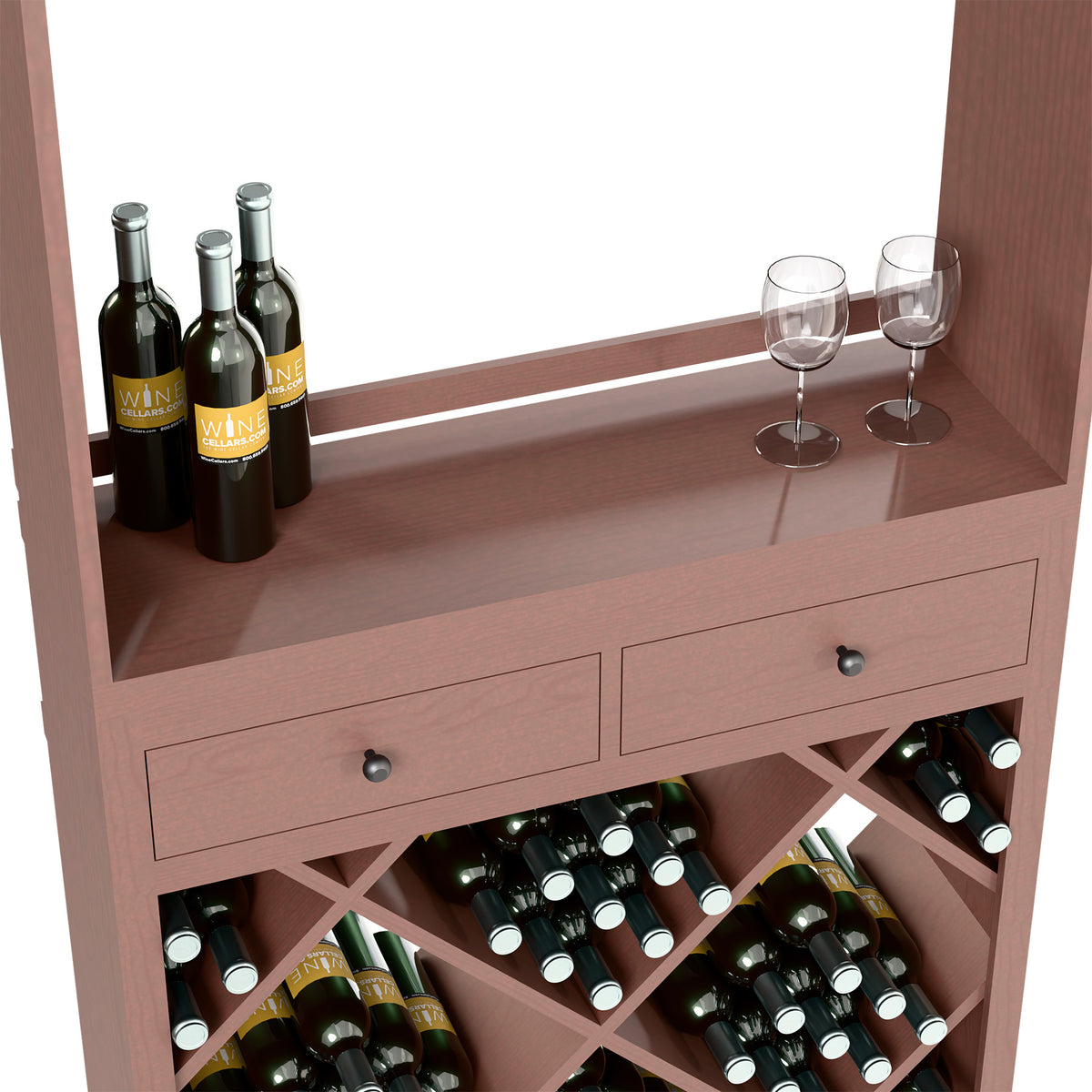 Dark wood wine tasting station with serving ledge, two drawers, and diamond bin wine racks