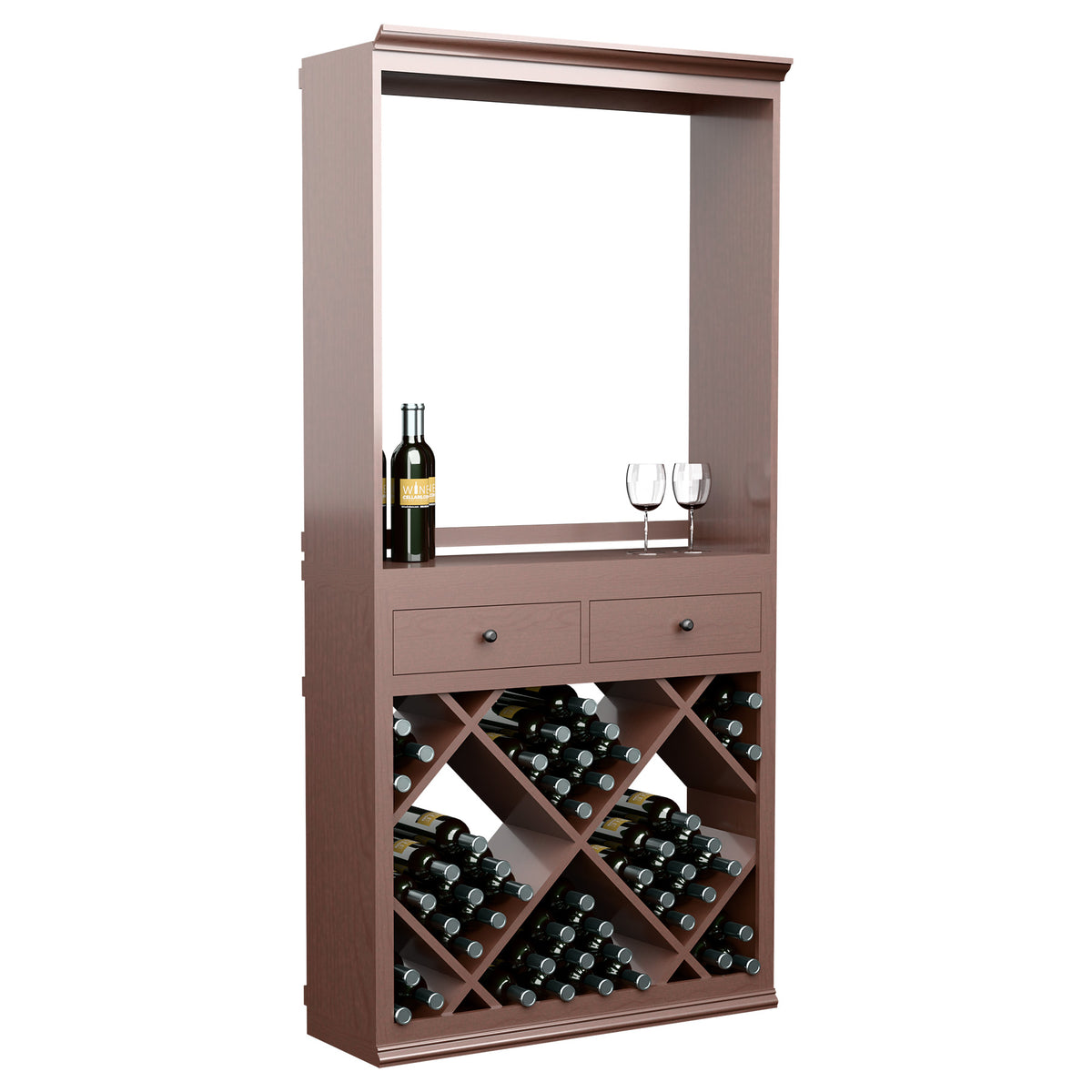 Dark wood wine tasting station with open display, two drawers, and diamond-pattern wine rack
