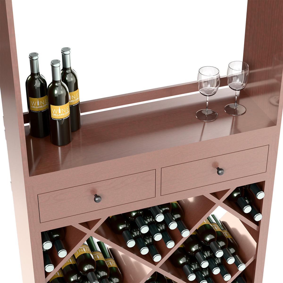 Dark wood wine tasting station with serving shelf, two drawers, and diamond wine bottle bins