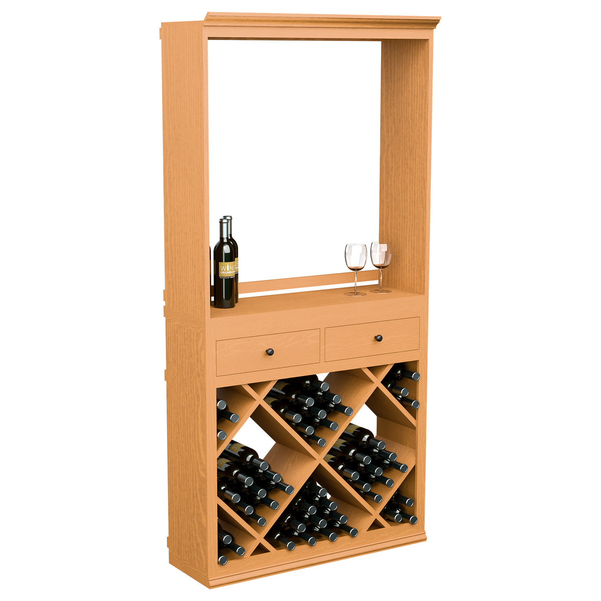 Light wood wine tasting station cabinet with open serving niche, drawers, and diamond bottle storage