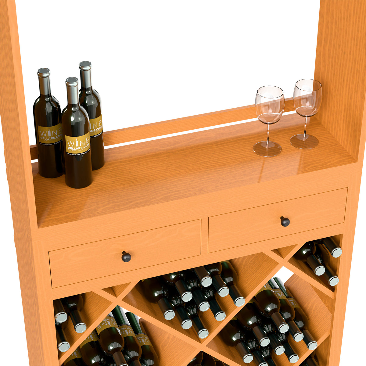 Light wood wine tasting station with drawers, open bottle storage, and two wine glasses