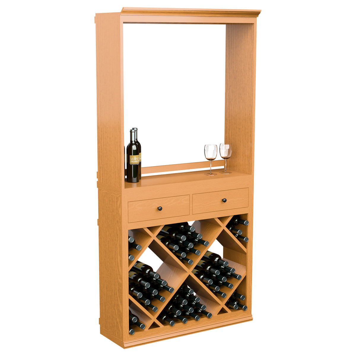 Light wood wine cabinet with front drawers and crisscross bottle racks behind a window