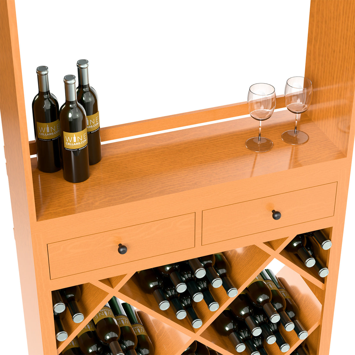 Light wood wine tasting station with drawers, open bottle racks, and two stemless glasses