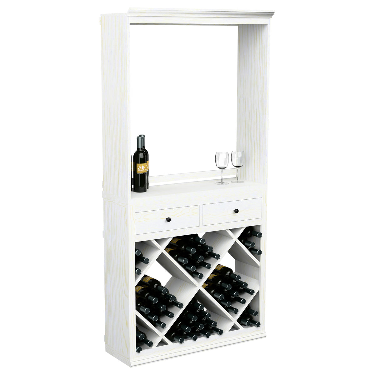 White wine tasting cabinet with drawers, top window, and crisscross bottle storage