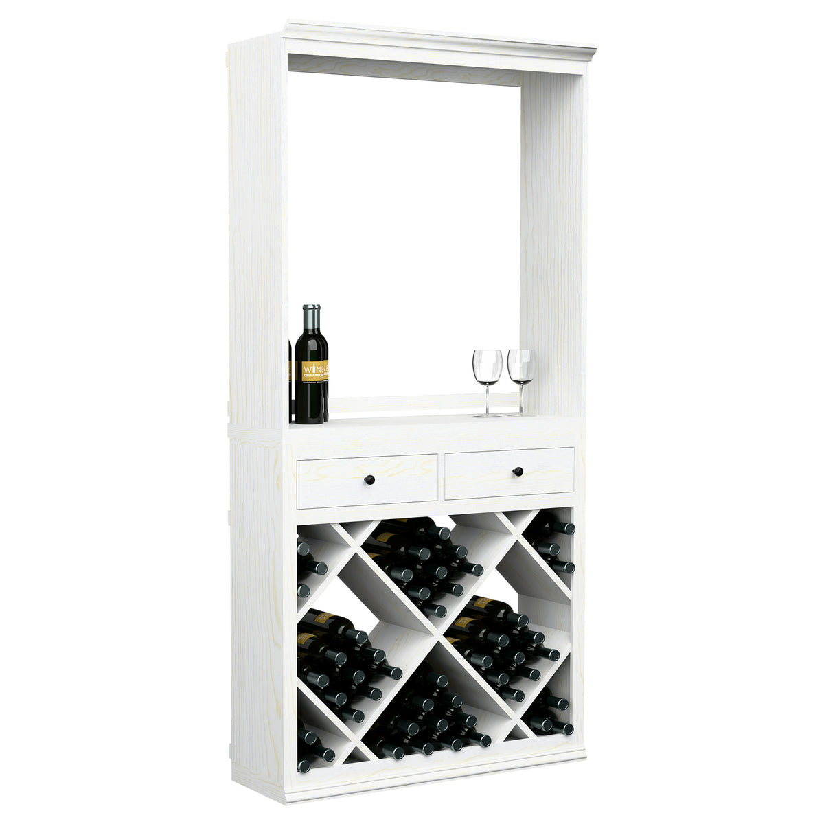 White wine station with open window, two drawers, and diagonal wine bottle holders