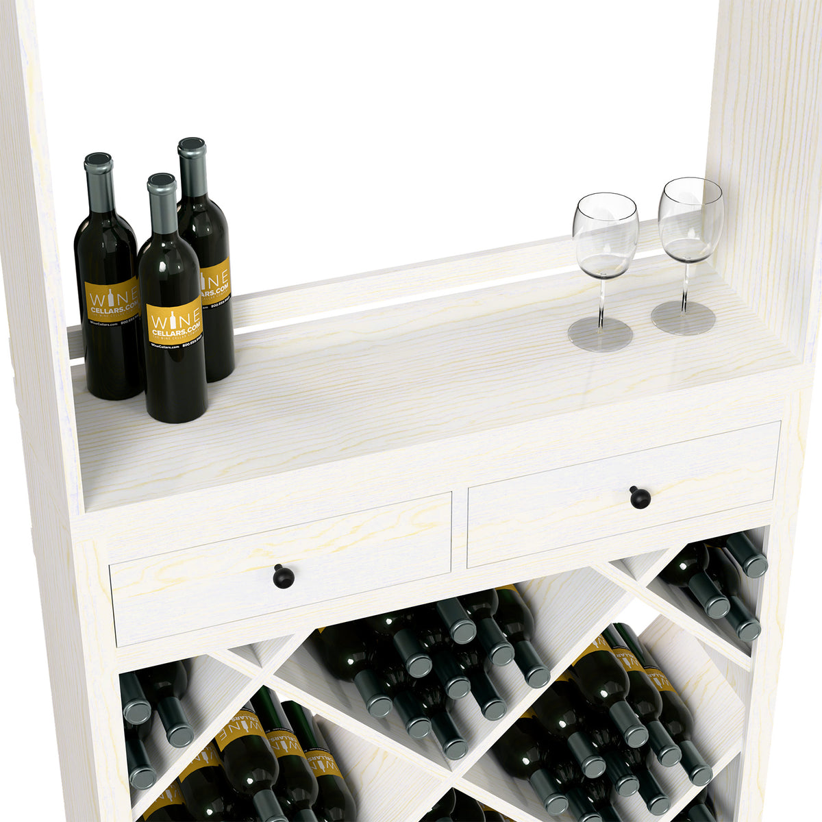 White wine tasting station with drawers, open bottle racks, and three bottles on top
